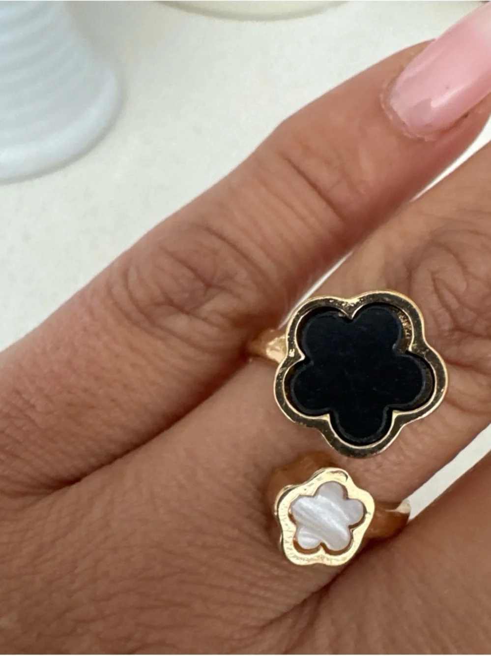 Gold Flower Link Bracelet with Black and White Enamel Accents